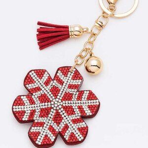 Rhinestone Snowflake Holiday Pillow Key Chain - Red